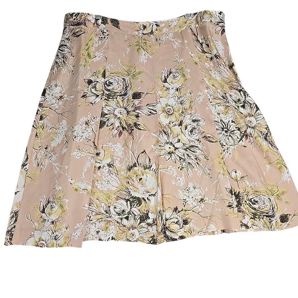 Merona Silk A-Line Pleated Floral Skirt Beige Yellow 16 Classy